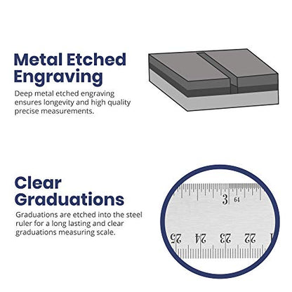 2 Pack | Stainless Steel 6 Inch Metal Ruler Non-Slip Rubber Back, with Inch and Metric Graduations - WoodArtSupply