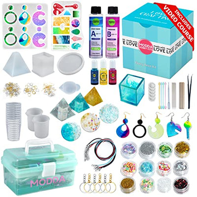 Modda Epoxy Resin Kit with Video Course, Includes Color Pigment, Silicone molds, Necklace Cord, Earring Hooks for Jewelry Making, Epoxy Resin Starter