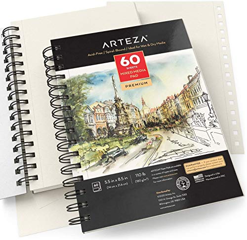 Arteza Mixed Media Sketchbooks, Pack of 3, 5.5 x 8.5 Inches, 60-Sheet Drawing Pads with 110lb Paper, Spiral-Bound, Art Supplies for Wet and Dry Media ARTEZA