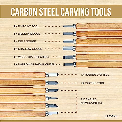 JJ CARE Wood Carving Kit [12 SK2 Wood Carving Knives with Case, 10 Basswood Carving Blocks, and 1 Grinding Stone] - Beginner Wood Carving Kit, Wood