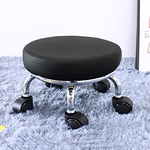 WKWKER Modern Roller Seat PU Leather Low Round Rolling Stool 360° Swivel Small Stool with Universal Caster Wheels Foot Stool for Home Office Garage WKWKER