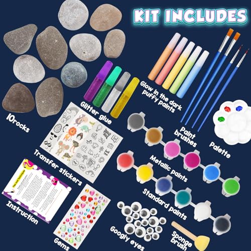 BainGesk Glow in The Dark Rock Painting Kit for Kids, Painting Rock Crafts Set, Arts and Crafts Gifts for Ages 6-8, Creative Activities Art Toys for