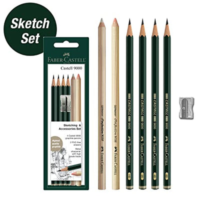 Faber-Castell Sketching and Accessories Set - Castell 9000 Graphite Pencils and Eraser Pencils - Art Pencils for Drawing and Shading