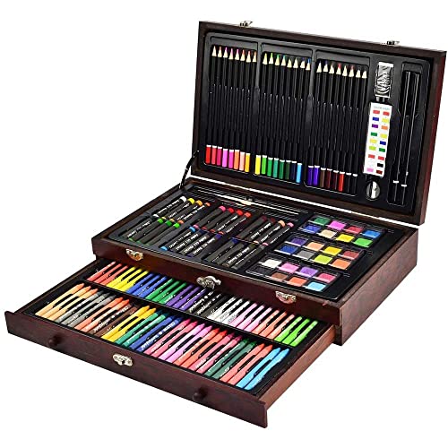 Sunnyglade 145 Piece Deluxe Art Set, Wooden Box & Drawing Kit with Crayons, Oil Pastels, Colored Pencils, Watercolor Cakes, Sketch Pencils, Paint Sunnyglade