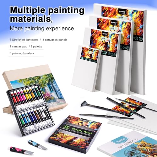 koseibal Art Paint Set with 18 Acrylic Paints, 8 Brushes, 4 Stretched Canvas, 1Wooden Easel, Etc, Premium Painting Supplies Kit for Students, Artists koseibal