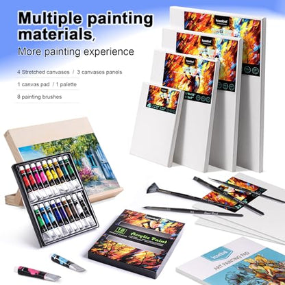 koseibal Art Paint Set with 18 Acrylic Paints, 8 Brushes, 4 Stretched Canvas, 1Wooden Easel, Etc, Premium Painting Supplies Kit for Students, Artists