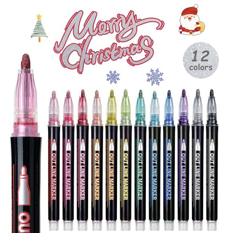 Double Line Outline Pens, 12 Colors Self-outline Metallic Markers, Shimmer Glitter Pens Set for Christmas Card Writing, Birthday Greeting, DIY Art Artugn