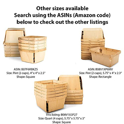 One Quart Wooden Gift Baskets (10 Pack); for Picking Fruit or Arts, Crafts and Decor; 5.75” Square Vented Wood Boxes