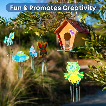 9 Wooden Birdhouses & 9 Wind Chimes -Art & Crafts for Kids Ages 4 5 6 7 8 - Kids Bulk Arts and Crafts Set with Painting Kit -DIY Wood Bird House and