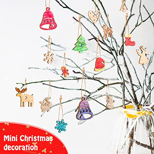200 Pieces Christmas Unfinished Mini Wooden Ornaments Halloween Thanksgiving DIY Mini Wood Blank Cutouts with Storage Box and Twine for Christmas Yookeer