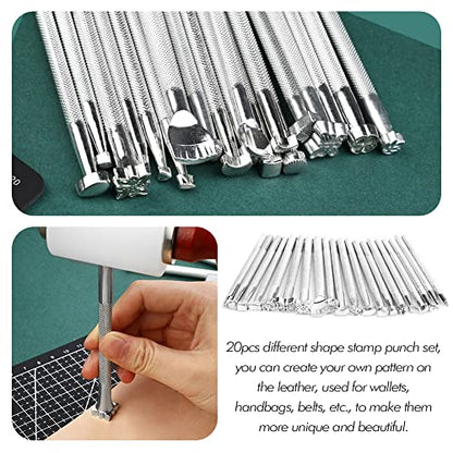 Leather Crafting Tools and Supplies, Leather Tooling Kit with Prong Punch Groovers Cutting Mat Stamping Tools Leather Working Kit for Beginners