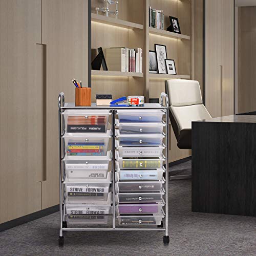 Giantex 15 Drawer Rolling Storage Cart Tools Scrapbook Paper Office School Organizer, Clear - WoodArtSupply