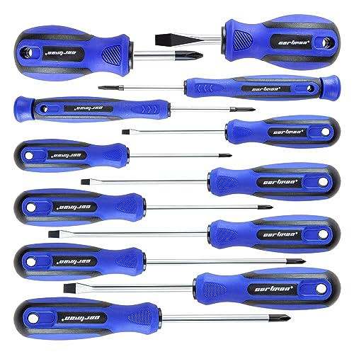 CARTMAN 12 Piece Magnetic Screwdriver Set - 6 Phillips and 6 Flat, Professional Cushion Grip Hand Tools Set - WoodArtSupply