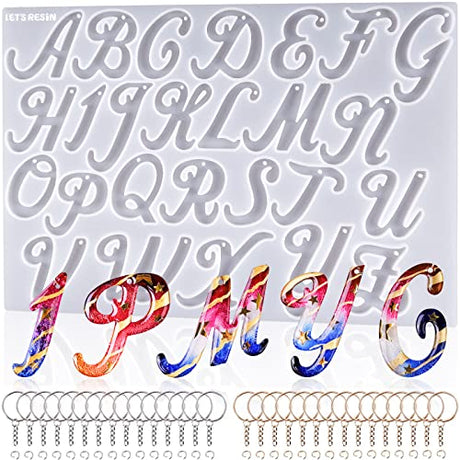 LET'S RESIN Large Alphabet Mold with Hole, Reversed Alphabet Letter Resin Molds Silicone with 30 Jump Rings, 30 Key Rings, Epoxy Molds for Keychain LET'S RESIN
