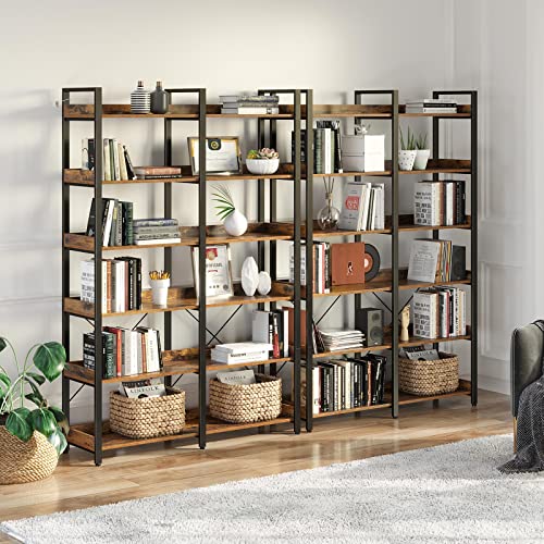 Seventable 6-Tier Rustic Brown Industrial Bookshelf with Hooks and Open Shelves Seventable
