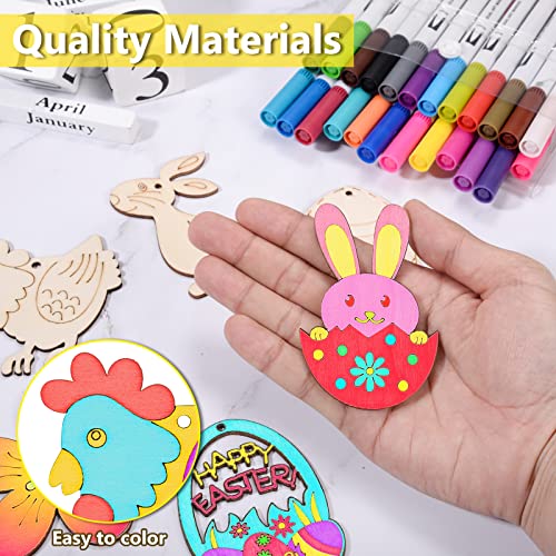 50Pcs Unfinished Wood Easter Ornaments Egg Bunny Chick Flower Cutouts with Holes Wooden Gift Tags Hang Tags Favor Tags Treats Tags with Twines for