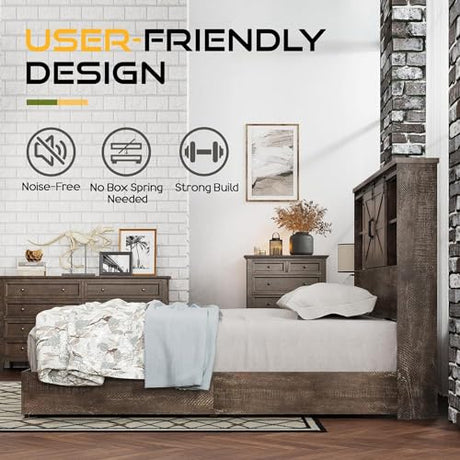 HOWE Rustic Queen Wood Platform Bed with Bookcase Headboard & Storage Drawers HOWE