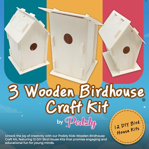 Podzly Kids Wooden Birdhouse Craft Kit - 12 DIY Bird House Kits - Bulk Arts and Crafts Set - Wooden Houses to Paint, Build, and Personalize - Perfect - WoodArtSupply