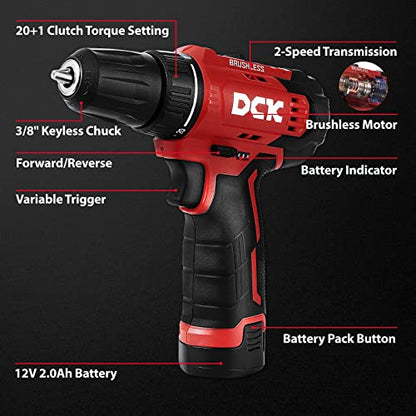 DCK Brushless Drill Set, 310 in.lbs，12V Max Cordless Drill with 2.0Ah Battery, 3/8’’ Keyless Chuck, 2 Variable Speeds, 20+1 Torque Power Tool Kit for