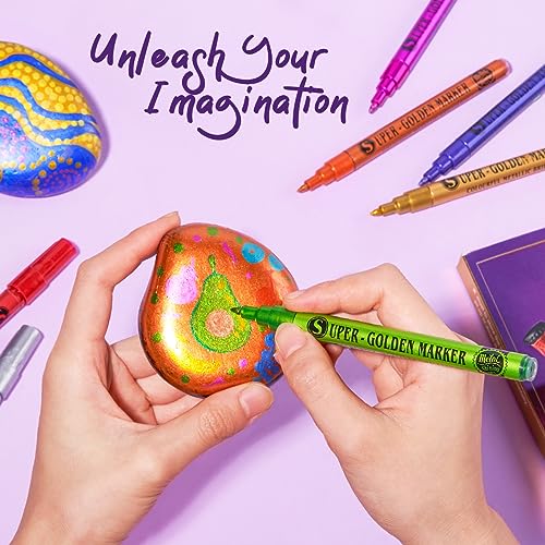 LIGHTWISH Metallic Paint Pens Glitter Markers,Sparkle Ultra Fine Point 0.7mm Acrylic Paint Markers,Super Golden Metallic Markers for Black Paper LIGHTWISH