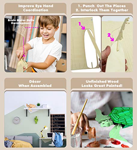 Puzzled 3D Puzzle Green Turtle Wood Craft Construction Model Kit, Fun Unique Educational DIY Wooden Toy Assemble Model Unfinished Crafting Hobby Puzzled