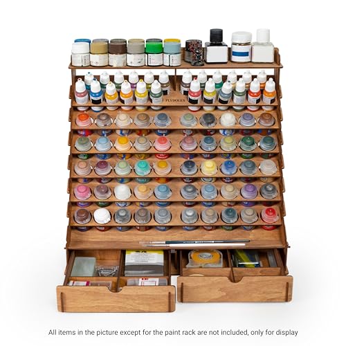 Plydolex Wooden Paint Organizer for 74 Bottles of Paints and 14 Paint Brushes - Paint Rack Organizer with 2 Cabinets for Art Tools and 6 Miniature - WoodArtSupply