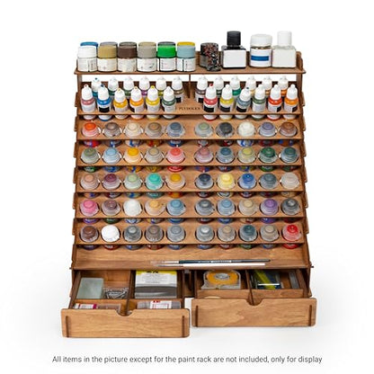 Plydolex Wooden Paint Organizer for 74 Bottles of Paints and 14 Paint Brushes - Paint Rack Organizer with 2 Cabinets for Art Tools and 6 Miniature - WoodArtSupply