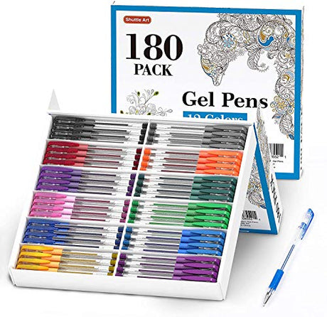 Gel Pens, Shuttle Art 180 Pack Gel Pens Set, 12 Assorted Colors Bulk Classroom Pack for Adults Coloring Books Drawing Doodling Crafts Journaling Shuttle Art