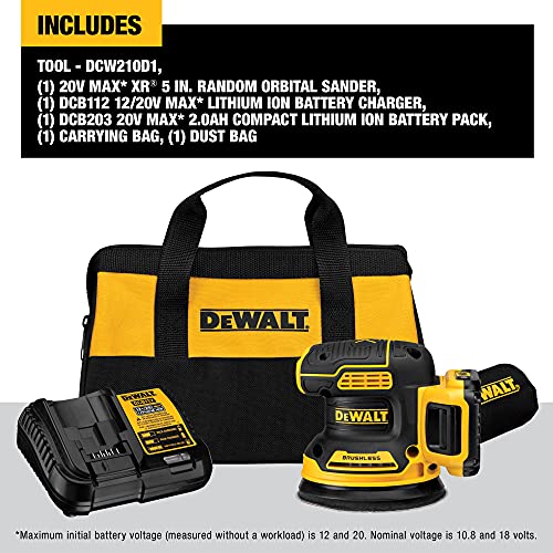 DEWALT 20V MAX Random Orbit Sander Kit, Cordless, 5-Inch, 2.Ah, 8,000-10,000 OPM, Storage Bag, Battery, and Charger Included (DCW210D1) DEWALT