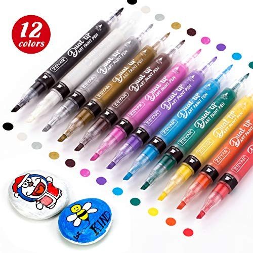 ZEYAR Acrylic Paint Pen, Dual Tip: Board and Extra Fine, 12 Colors, AP Certified, Waterproof Ink, Works on Rock, Wood, Glass, Metal, Ceramic and More - WoodArtSupply