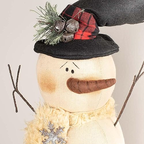 Factory Direct Craft Rustic Muslin Snowman with Top Hat and Rusty Bells Primitive Fabric Snowman for Christmas Decorations and Holiday Gifting Factory Direct Craft