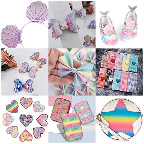 Shalun 50pcs A4 Random Printed Fine Glitter Faux Leather Sheets 8x12inch Shiny Rainbow Mermaid Flower Butterfly Pattern PU Canvas Fabric for Cricut shalun