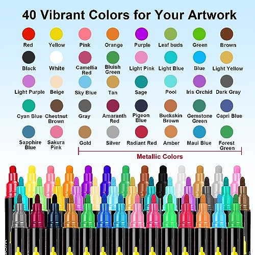 NAWOD 40 Colors Dual Tip Acrylic Paint Pens Markers, With Fine and Medium Tip, for Rock Painting, Canvas, Wood, Glass, Ceramic, Stone, Fabric, - WoodArtSupply