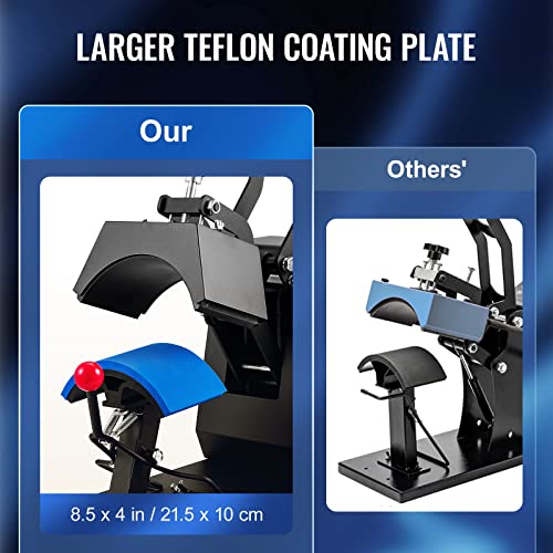 VEVOR 4-in-1 Heat Press Machine for Hats with 6x3inches Curved Teflon-Coated Heat Plate, Easy Temperature Control Non-Slip Base, Four Replaceable