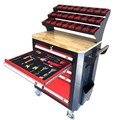 KAKA INDUSTRIAL HQC-540A(BT40) Tool Holder CNC Tool Cart in Red and Grey Color, 5 Drawer Tool Chest 77 Capacity 4 Ball-Bearing Glided Drawers, Drawer