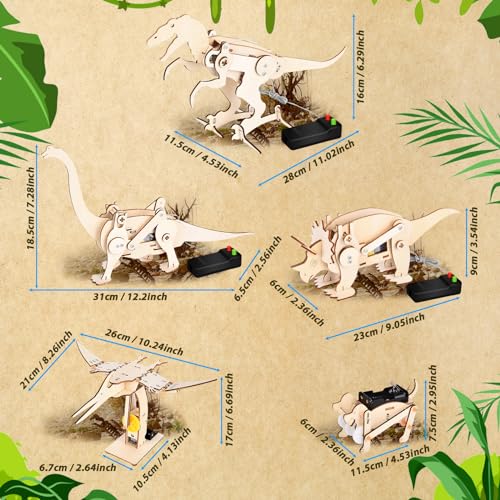 JONRRYIN 5 in 1 STEM Kits for Kids Ages 8-12, 3D Wooden Puzzle Dinosaur Model kit, STEM Project DIY Assembly Dinosaur Building Toys Birthday for Boys