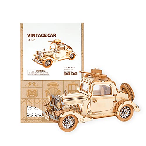 Rowood 3D Puzzles for Adults, Model Car Kits, DIY Wooden Toys Craft Gift on Birthday Christmas for Boys-Vintage Car - WoodArtSupply