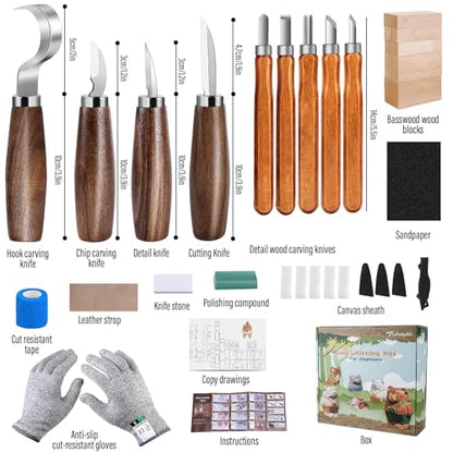 Wood Carving Kit 4pcs Whittling Knife and 5pcs K2 Carbon Steel Wood Carving Knife,Wood Carving Tools Set with 8pcs Basswood Wood Blocks for Adults