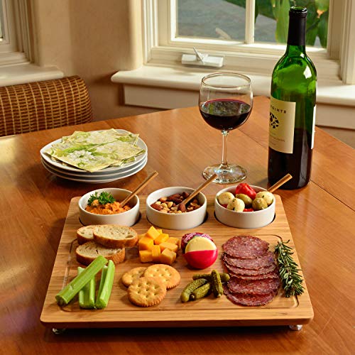 Picnic at Ascot Original Personalized Monogrammed Engraved Bamboo Cutting Board for Cheese & Charcuterie with 3 Ceramic Bowls & Bamboo Spoons- Picnic at Ascot