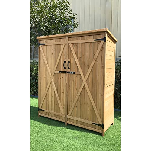 Hanover Outdoor Storage Shed, Double Door Wood Shed for Tools and Garden Supplies with Shelf and Locking Latch, 36 Cu.Ft. Capacity (4.4' x 5' x Hanover