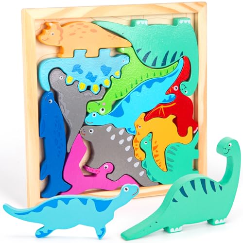 LovesTown 12PCS Stacking Dinosaur Puzzles, Preschool Wooden Dinosaur Toys Chunky Jigsaw Puzzles for Birthday Gift Kids Age 2 3 4 5 - WoodArtSupply