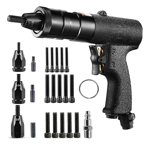 QIUMIN Pneumatic Rivet Nut Gun with Self-Locking Head Gun 1/4'', 5/16'', 3/8'' Mandrels, Air Riveting Gun Kit Riveter Set QIUMIN