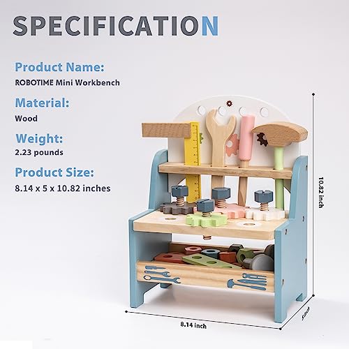 ROBOTIME Tool Bench Set for Toddlers - Mini Wooden Work Bench for Kids, Construction Toys w/Wooden Tools, Educational Pretend Play Gift Building Toy ROBOTIME