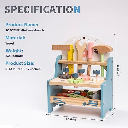 ROBOTIME Tool Bench Set for Toddlers - Mini Wooden Work Bench for Kids, Construction Toys w/Wooden Tools, Educational Pretend Play Gift Building Toy