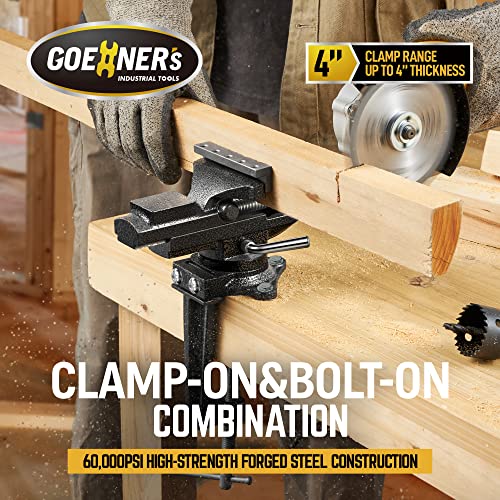 Dual-Purpose Bench Vise 3.3”, 360° Swivel Clamp-on Table Vise with Heavy Duty Forged Steel Construction, Grooved Jaw, Portable Vice for Workbench,
