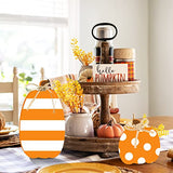 Whaline 3Pcs Unfinished Pumpkin Wooden Cutout with Natural Raffia Pumpkin Shaped Tiered Tray Decor Pumpkin Wooden Table Sign for Fall Thanksgiving Whaline
