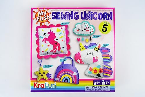 KRAFUN My First Unicorn Kids Sewing kit, Beginner Arts & Crafts, Make 5 Cute Projects with Plush Stuffed Animal, Pillow, Mobile, Keyring and Bag, KRAFUN