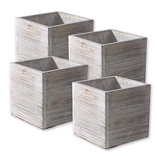 Wood Planter Box Set, Rustic Whitewash, Plastic Liners, 5 Inch Square Flower Holder, Natural Barn Wood Decor, Country Style, Home and Wedding - WoodArtSupply