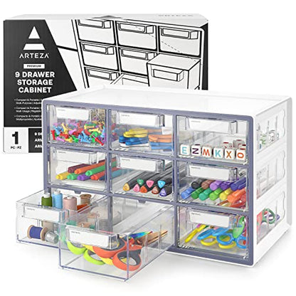 Arteza 9 Drawer Storage Cabinet, 16.1 x 9.3 x 9.8 inches, White, Plastic Drawers with Stoppers, Multi Compartment Organizer for Makeup and Art