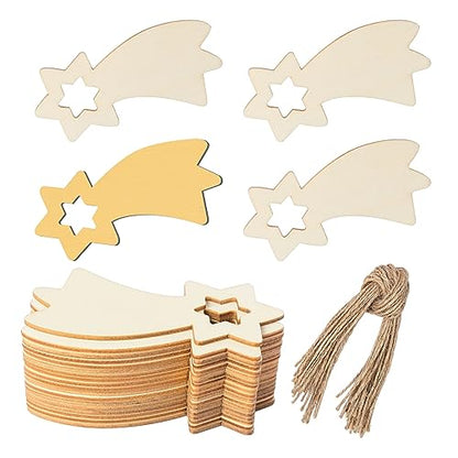 Wooden Christmas Stars Shape Unfinished Wood Stars Pieces Blank Wood Pieces Wooden with Twines Art Ornaments for Christmas Wedding Birthday Party - WoodArtSupply